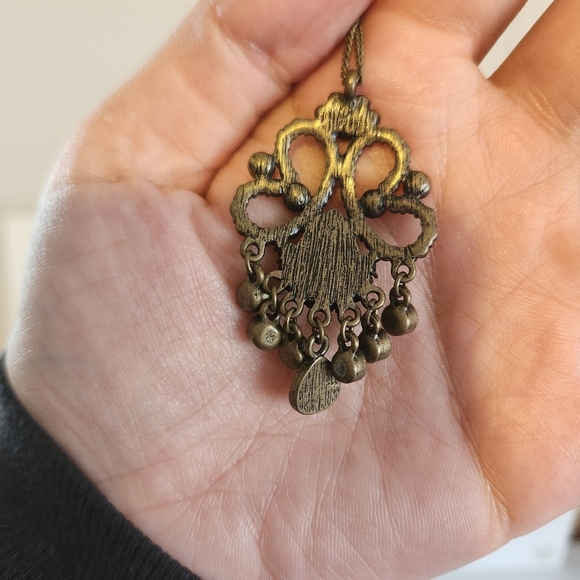 Vintage 90s Brass Tone Ornate Costume Jewelry Pendant Long Necklace Goth Grunge - Picture 5 of 7